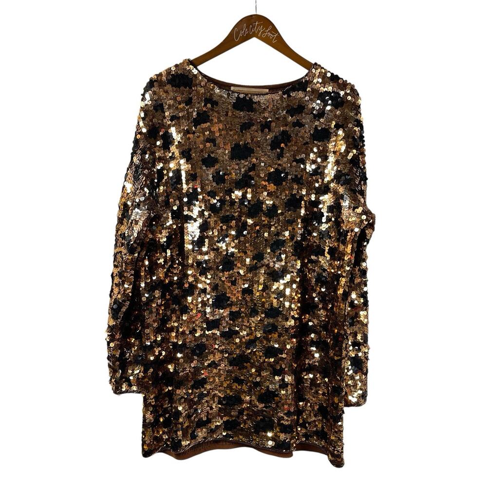 Cathy Hardwick Heavy Sequin Sweater Top Knit Animal Print Gold Black Medium